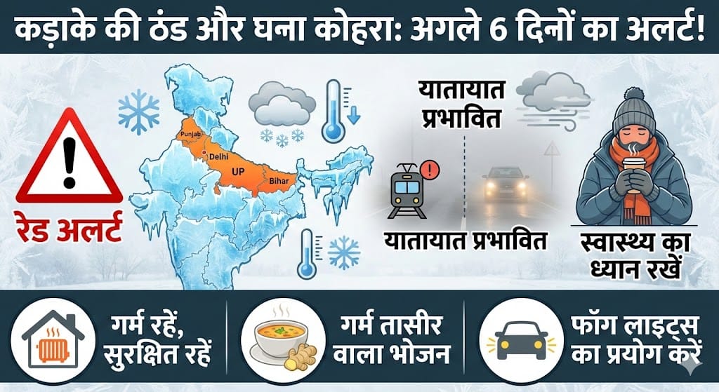 भारत में ठंड का तांडव: अगले 6 दिनों का मौसम पूर्वानुमान, कोहरे और शीतलहर की चेतावनी
