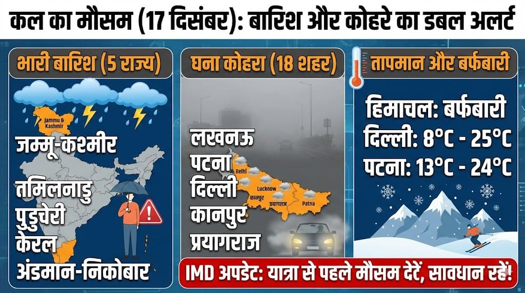 Tomorrow Weather 17 Dec: 5 राज्यों में भारी बारिश, 18 शहरों में कोहरा – IMD का बड़ा अलर्ट