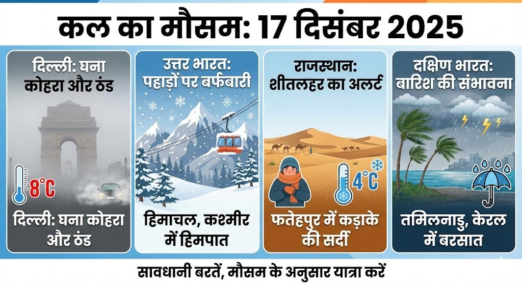 कल का मौसम 17 दिसंबर 2025: दिल्ली में कोहरा, पहाड़ों पर बर्फबारी और दक्षिण में बारिश – जानें अपने शहर का हाल