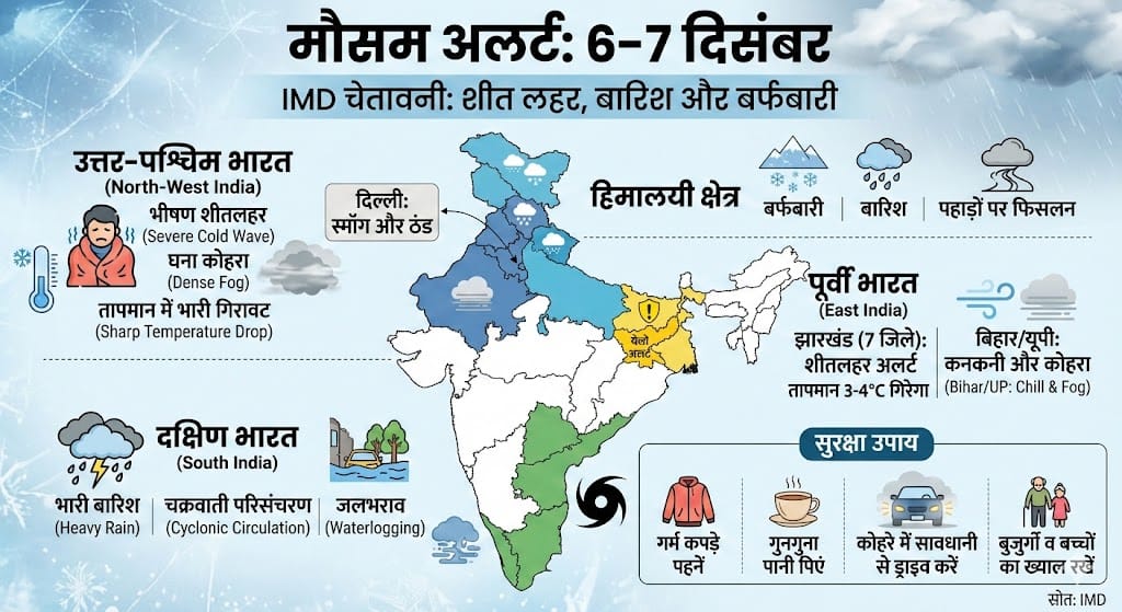 कल का मौसम: 6-7 दिसंबर को इन राज्यों में भयानक ‘कोल्ड वेव’ और बारिश का अलर्ट – IMD की चेतावनी ने उड़ाई नींद, अभी पढ़ें पूरी रिपोर्ट
