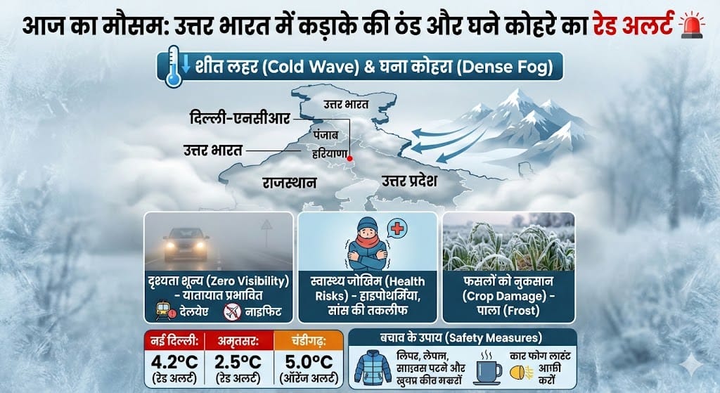 आज का मौसम: उत्तर भारत में शीत लहर और कोहरे का रेड अलर्ट, जानें ताजा अपडेट