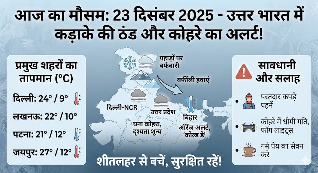 आज का मौसम 23 दिसंबर 2025: दिल्ली-UP समेत इन राज्यों में कड़ाके की ठंड और घने कोहरे का अलर्ट, जानें आपके शहर का हाल