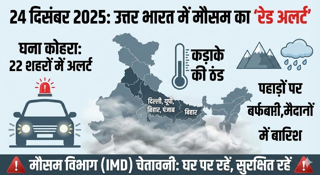 24 दिसंबर का मौसम: दिल्ली, यूपी, बिहार में कड़ाके की ठंड और बारिश का अलर्ट, जानें लेटेस्ट अपडेट
