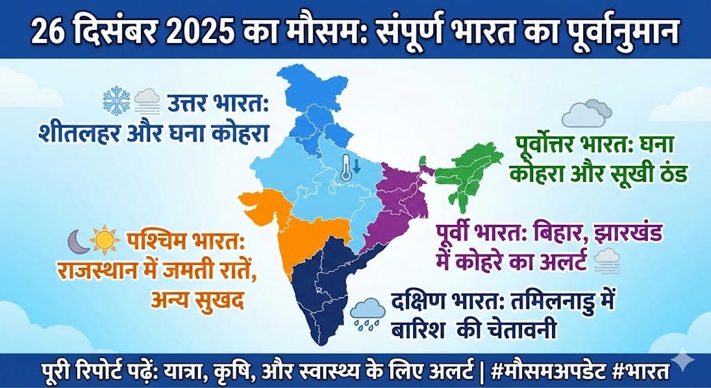 26 दिसंबर 2025 का मौसम: जानिये कल आपके राज्य में होगी बारिश या पड़ेगी कड़ाके की ठण्ड – सम्पूर्ण भारत की मौसम रिपोर्ट