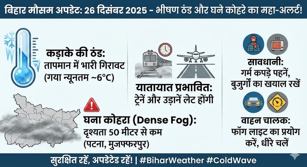 Bihar Weather Update 26 Dec 2025: भीषण ठंड और घने कोहरे का अलर्ट, देखें सभी 38 जिलों की रिपोर्ट