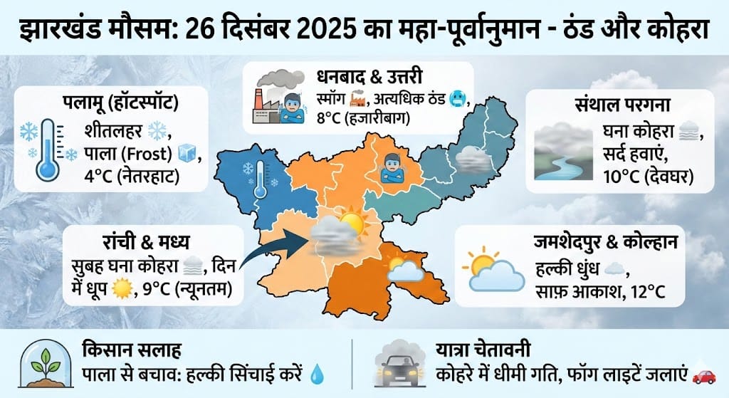 झारखंड मौसम समाचार 26 दिसंबर 2025: क्या कल होगी बारिश या पड़ेगी कड़ाके की ठंड? सभी 24 जिलों का हाल देखें