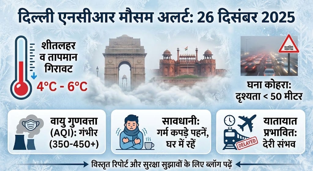 26 दिसंबर 2025 को दिल्ली एनसीआर में मौसम का हाल: शीतलहर और कोहरे का डबल अटैक, जानिए पल-पल की अपडेट