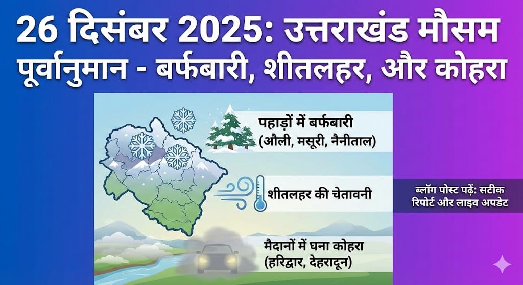 26 दिसंबर 2025 उत्तराखंड मौसम अपडेट: बर्फबारी, शीतलहर और कोहरे का पूर्ण पूर्वानुमान