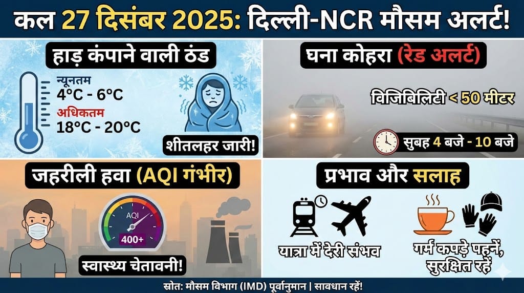 कल 27 दिसंबर 2025 को दिल्ली-NCR का मौसम: शीतलहर और घने कोहरे का रेड अलर्ट जारी