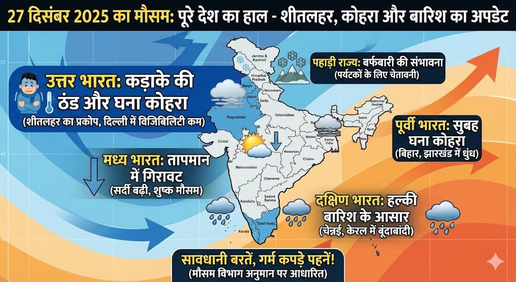 27 दिसंबर 2025 का मौसम: जानिए आज कैसा रहेगा पूरे देश में मौसम का हाल, शीतलहर और बारिश का बड़ा अपडेट