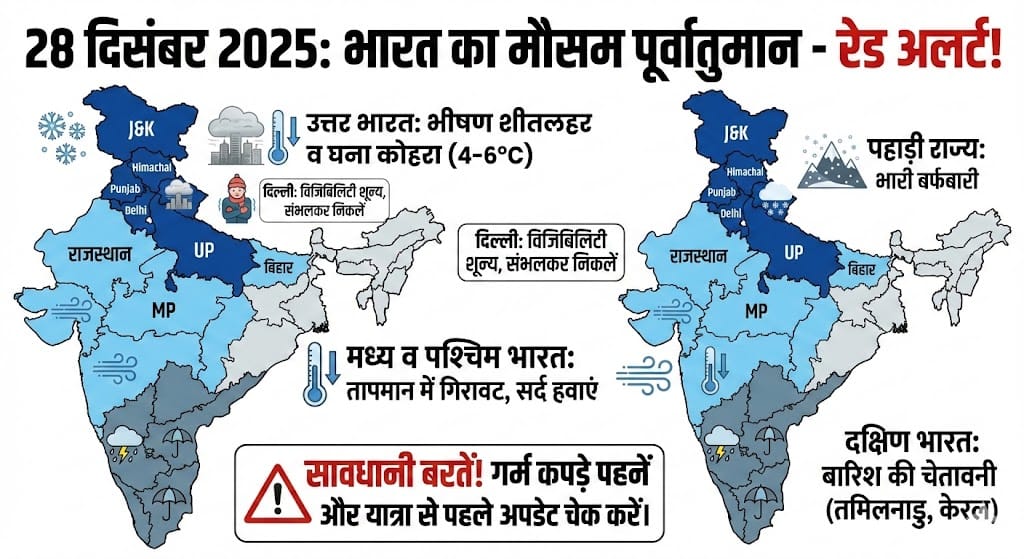 कल का मौसम 28 दिसंबर 2025: दिल्ली-यूपी में कड़ाके की ठंड, इन राज्यों में बारिश की चेतावनी – सम्पूर्ण रिपोर्ट