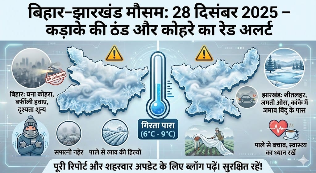बिहार और झारखंड में 28 दिसंबर 2025 का मौसम: कड़ाके की ठंड और कोहरे का रेड अलर्ट, जानें अपने शहर का हाल