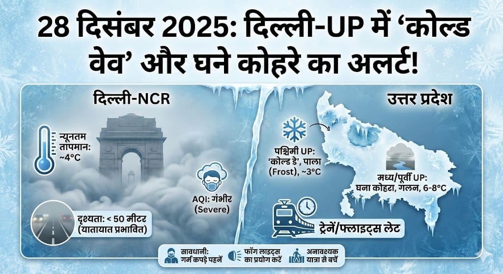 कल 28 दिसंबर 2025 का मौसम: दिल्ली-UP में कोल्ड वेव का रेड अलर्ट? जानिये अपने शहर का हाल