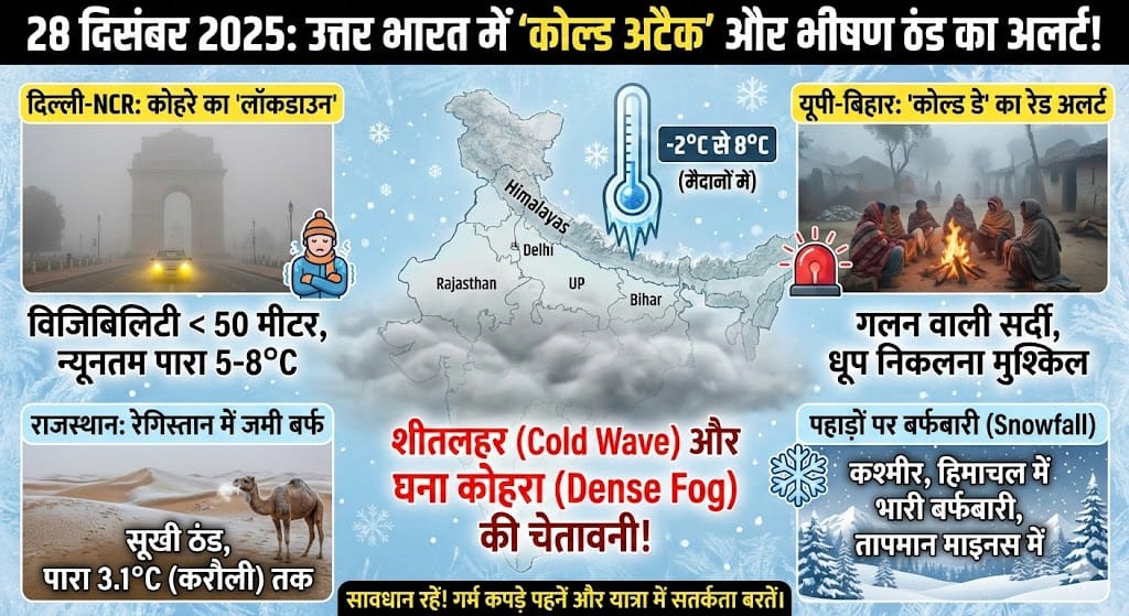 Weather Forecast 28 Dec 2025: दिल्ली-UP में ‘कोल्ड डे’ का रेड अलर्ट, जानें नए साल पर आपके शहर का मौसम