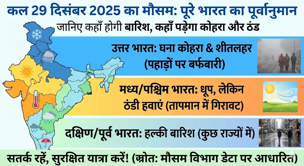 कल 29 दिसंबर 2025 का मौसम: पूरे भारत में बारिश, कोहरा और शीतलहर का सटीक पूर्वानुमान – सम्पूर्ण रिपोर्ट