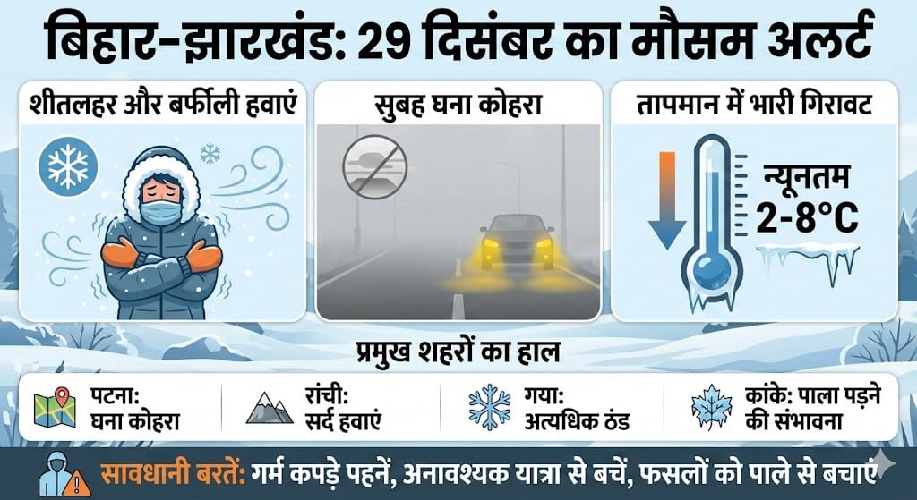 बिहार-झारखंड मौसम: 29 दिसंबर 2025 को भीषण शीतलहर और कोहरे का रेड अलर्ट, जानें ताजा अपडेट