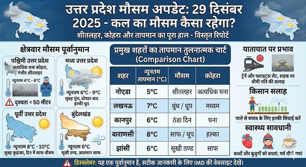 UP Weather 29 December 2025: कल यूपी में पड़ेगी कड़ाके की ठण्ड या निकलेगी धुप?