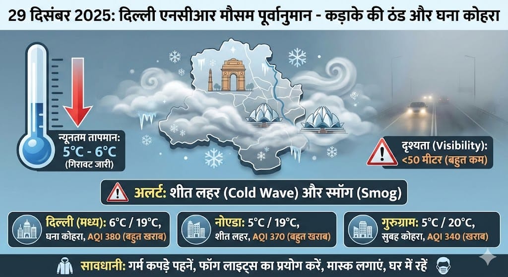 29 दिसंबर 2025 दिल्ली मौसम: कल कड़ाके की ठंड और घने कोहरे का अलर्ट, जानें पूरा हाल