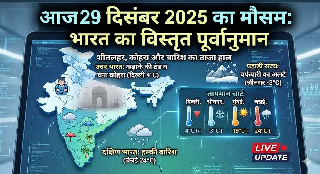 आज 29 दिसंबर 2025 का मौसम: जानिए दिल्ली-यूपी समेत पूरे भारत में कड़ाके की ठंड, कोहरे और बारिश का ताजा हाल