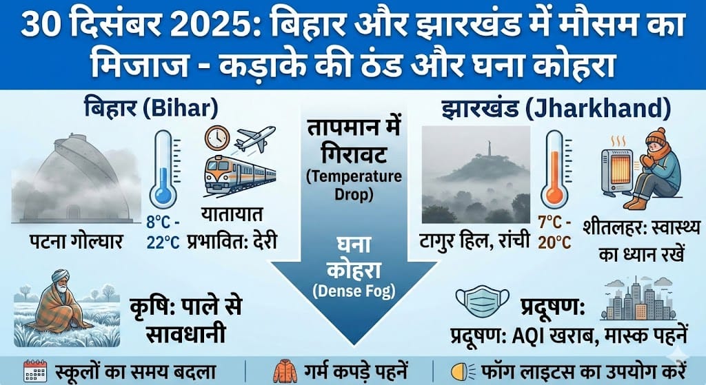 30 दिसंबर 2025 का मौसम: बिहार-झारखंड में भीषण ठंड और कोहरे का रेड अलर्ट? जानिए कल का हाल