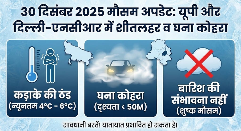 कल 30 दिसंबर 2025 का मौसम: यूपी और दिल्ली-एनसीआर में कड़ाके की ठंड और कोहरे का रेड अलर्ट, जानिए अपने शहर का हाल