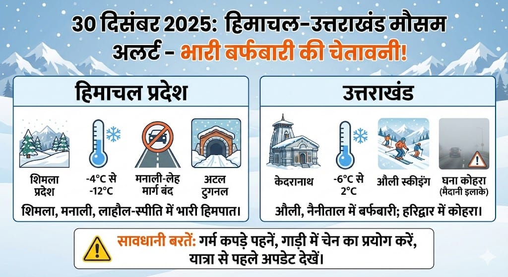 30 दिसंबर 2025 को उत्तराखंड और हिमाचल प्रदेश में भारी बर्फबारी और शीत लहर का अलर्ट: मौसम विभाग की पूरी रिपोर्ट और लाइव अपडेट