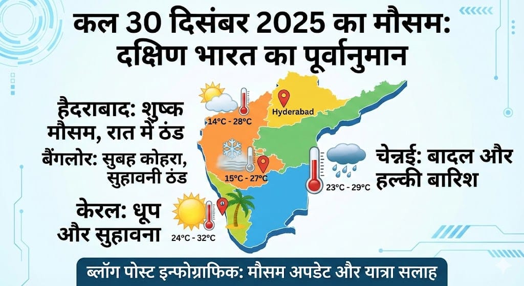 कल 30 दिसंबर 2025 का मौसम: दक्षिण भारत में बारिश या ठंड? जानिए चेन्नई, बैंगलोर और केरल का सटीक पूर्वानुमान