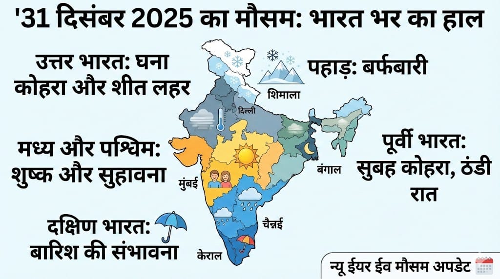 31 दिसंबर 2025 का मौसम: जानिए कल न्यू ईयर ईव पर कैसा रहेगा पूरे भारत का हाल, कहां होगी बर्फबारी और कहां सताएगी ठंड