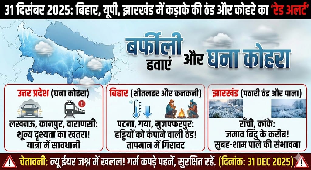 कल 31 दिसंबर 2025 का मौसम: बिहार, यूपी और झारखंड में कड़ाके की ठंड और कोहरे का अलर्ट – जानिए अपने शहर का हाल