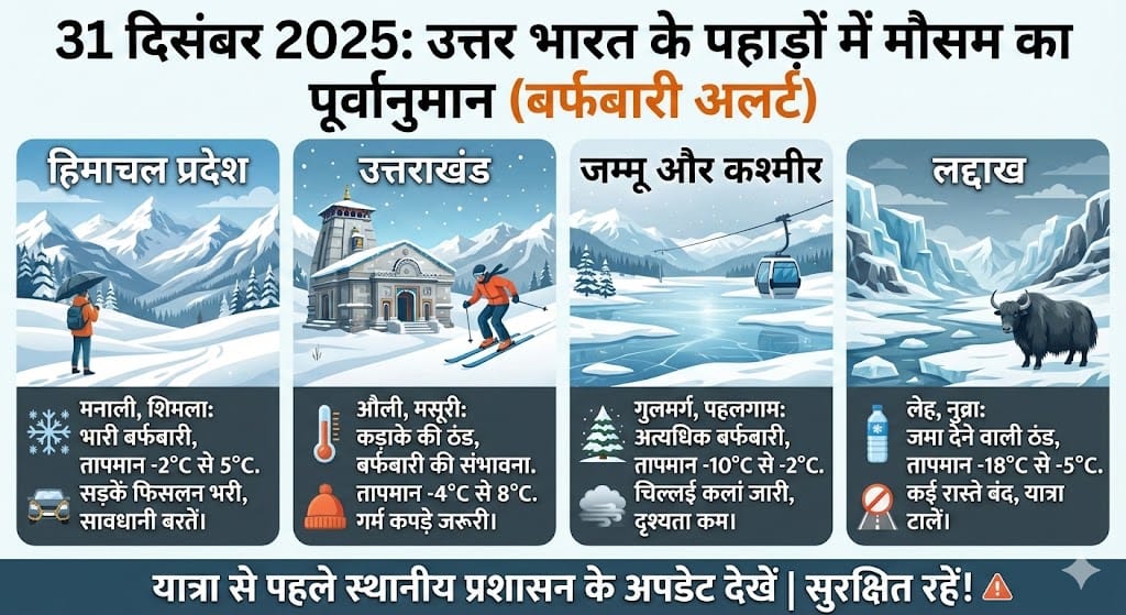 31 दिसंबर 2025: हिमाचल, उत्तराखंड, कश्मीर और लद्दाख में कल का मौसम, बर्फबारी का अलर्ट और संपूर्ण रिपोर्ट