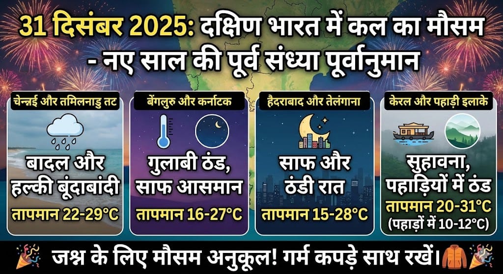 31 दिसंबर 2025: दक्षिण भारत में कल का मौसम कैसा रहेगा? देखिये नए साल की पूर्व संध्या का पूरा हाल