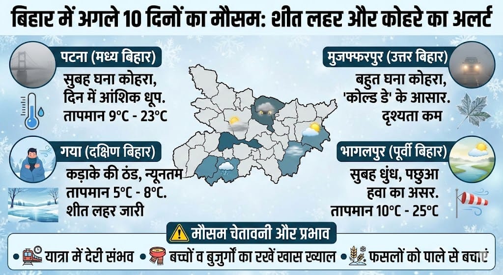 बिहार में अगले 10 दिनों का मौसम: गया में 5°C तो पटना में घना कोहरा, जानें Cold Wave अपडेट