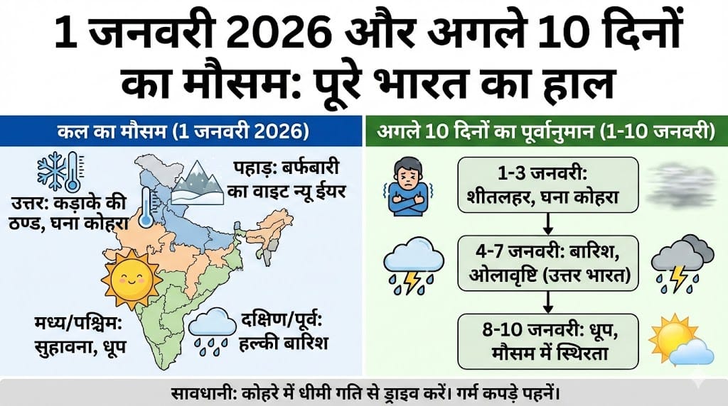 कल का मौसम: 1 जनवरी 2026 को कहाँ होगी बर्फबारी और कहाँ बारिश? जानिये अगले 10 दिनों का मौसम और शीतलहर का पूरा अपडेट