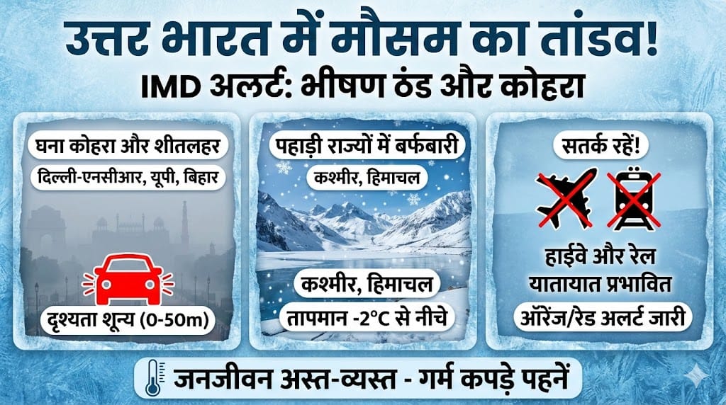 उत्तर भारत मौसम अपडेट: दिल्ली-यूपी में कोहरे का रेड अलर्ट, पहाड़ों पर भारी बर्फबारी!