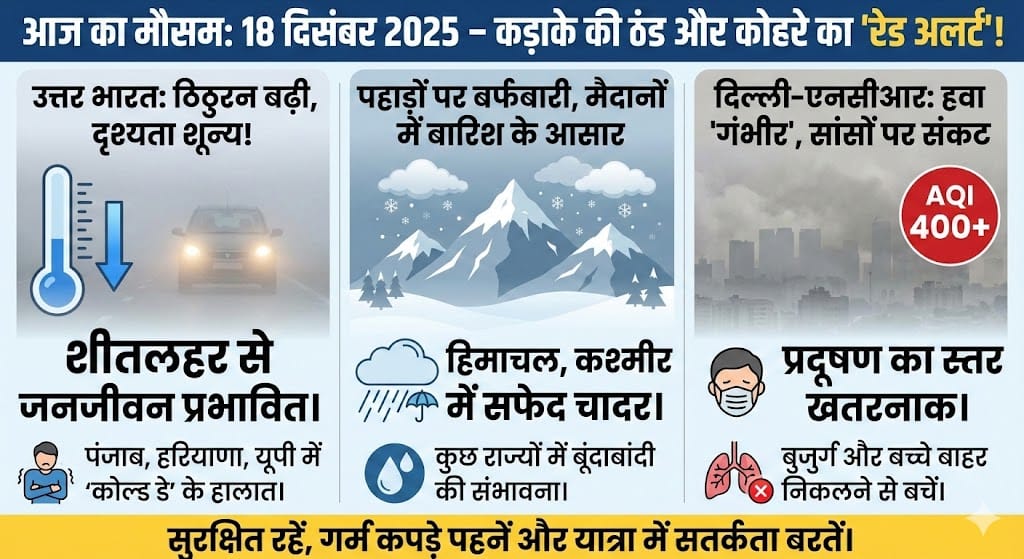 आज का मौसम: 18 दिसंबर को दिल्ली-यूपी में भारी ठंड और कोहरे का अलर्ट