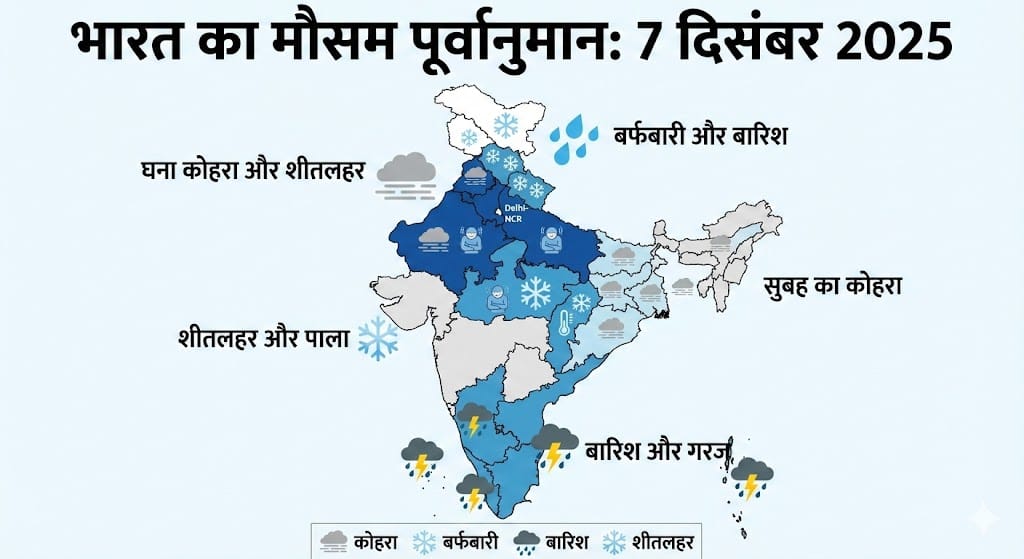 कल का मौसम 7 दिसंबर 2025: दिल्ली-NCR में कड़ाके की ठंड और कोहरे का ‘रेड अलर्ट’, जानें IMD की सबसे बड़ी चेतावनी और अपने राज्य का हाल