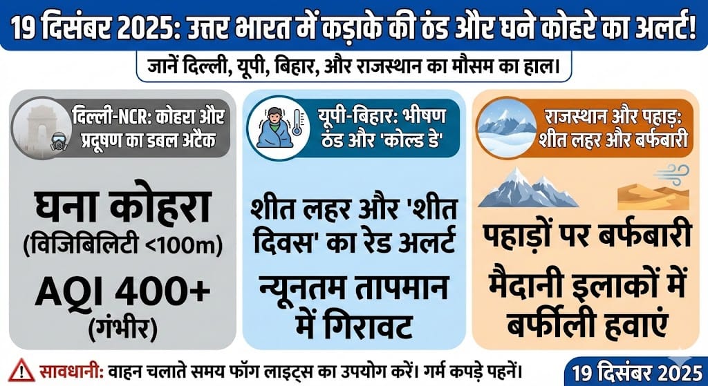 19 दिसंबर 2025 का मौसम: यूपी-बिहार में कोल्ड डे अलर्ट, दिल्ली में कोहरे और प्रदूषण का कहर