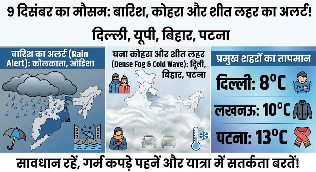 9 दिसंबर का मौसम: 4 राज्यों में बारिश का अलर्ट और 8 शहरों में घने कोहरे की चेतावनी – जानें अपने शहर का हाल