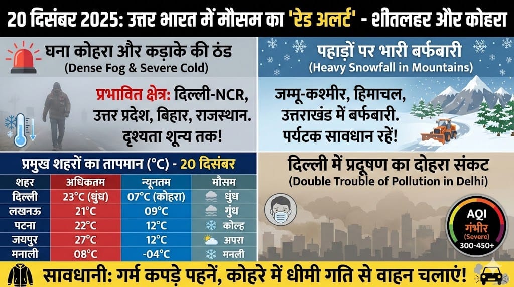 आज का मौसम 20 दिसंबर 2025: दिल्ली-UP में शीतलहर और कोहरे का रेड अलर्ट, जानें बारिश और बर्फबारी का हाल