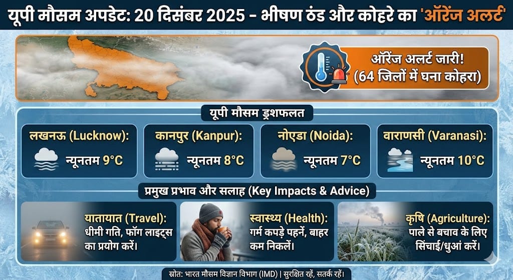 UP Weather Today 20 December 2025: यूपी में भीषण ठंड और कोहरे का ऑरेंज अलर्ट, जानें अपने शहर का तापमान