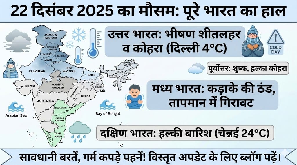 22 दिसंबर 2025 का मौसम: भयंकर शीतलहर और कोहरे का अलर्ट, जानिए अपने शहर का हाल