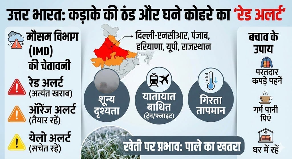 उत्तर भारत में ठंड का रेड अलर्ट: दिल्ली-यूपी सहित इन राज्यों में छाया घना कोहरा, जानें आज का मौसम