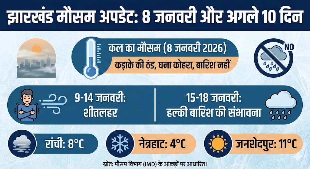 झारखंड मौसम अपडेट: कल 8 जनवरी 2026 को होगी बारिश या पड़ेगी कड़ाके की ठंड? अगले 10 दिनों का पूरा हाल और इन जिलों के लिए रेड अलर्ट