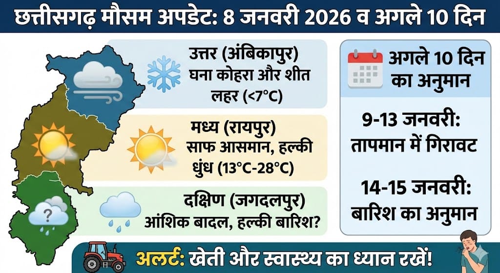 छत्तीसगढ़ मौसम: 8 जनवरी 2026 को रायपुर, बिलासपुर और जगदलपुर में भारी बदलाव? जानिए अगले 10 दिनों का सटीक हाल और बारिश का अलर्ट