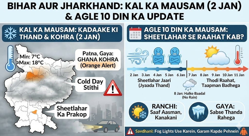 कल का मौसम: Bihar और Jharkhand में 2 जनवरी से पड़ेगी कड़ाके की ठंड? देखें अगले 10 दिनों का मौसम और Fog Alert!