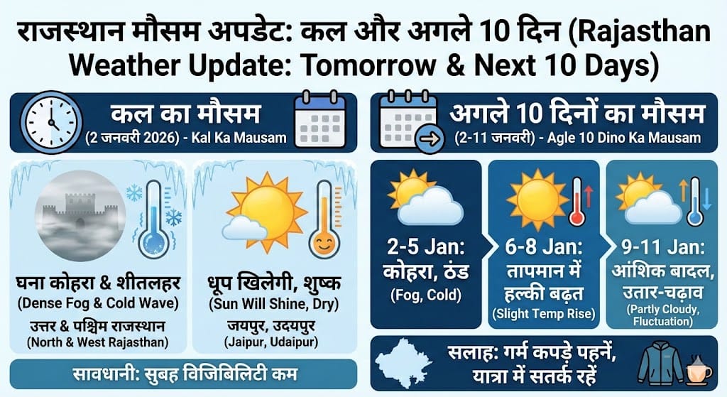 Rajasthan Weather Alert: कल 2 जनवरी को ‘लॉकडाउन’ जैसा कोहरा! इन 5 जिलों में चलेगी हाड़ कंपाने वाली लहर, अगले 10 दिन का हाल देखिए