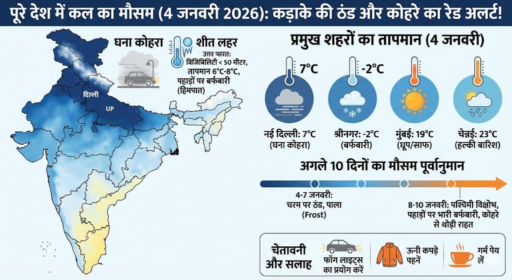 कल का मौसम (4 Jan 2026): भयंकर ठंड और कोहरे का रेड अलर्ट! अगले 10 दिन कैसा रहेगा मौसम?