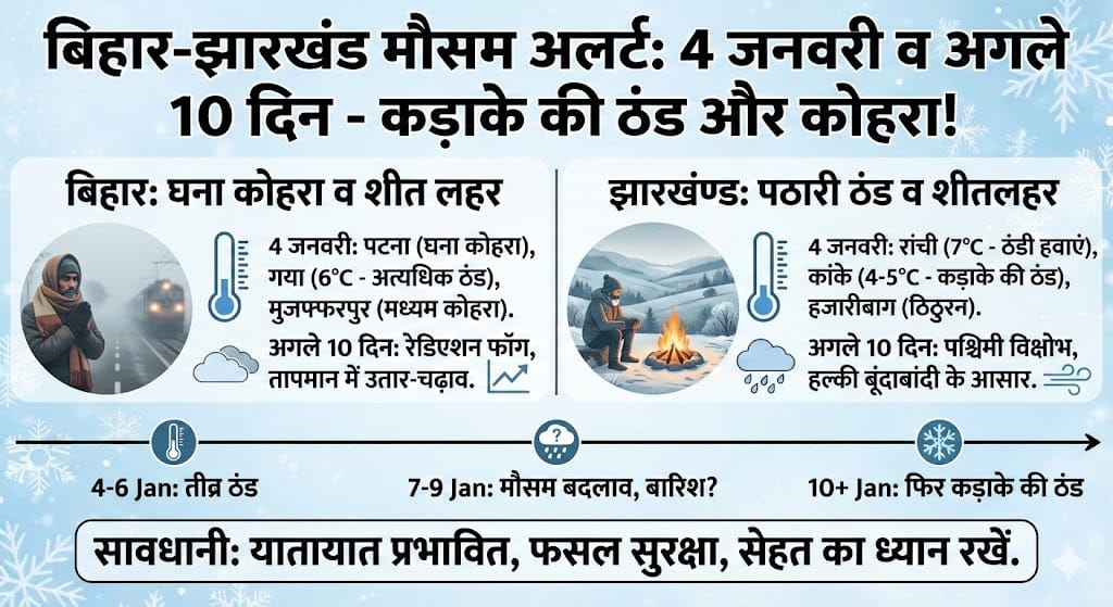 बिहार-झारखंड Weather Alert: 4 जनवरी 2026 और अगले 10 दिन कड़ाके की ठंड, कोहरा और बारिश की चेतावनी!