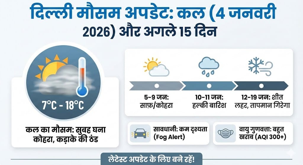 दिल्ली में कल का मौसम: 4 जनवरी 2026 को पड़ेगी कड़ाके की ठंड! देखें अगले 15 दिनों के लिए दिल्ली में मौसम रिपोर्ट