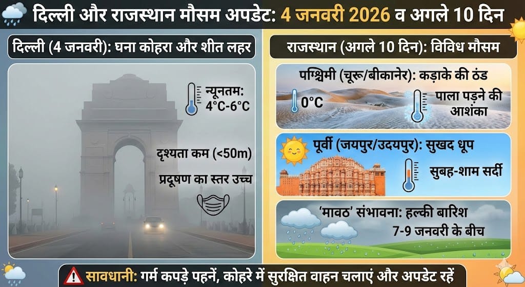 4 जनवरी 2026: दिल्ली और राजस्थान में अगले 10 दिनों का मौसम – क्या फिर सताएगी कड़ाके की ठंड या होगी बारिश? जानिए सटीक अपडेट!